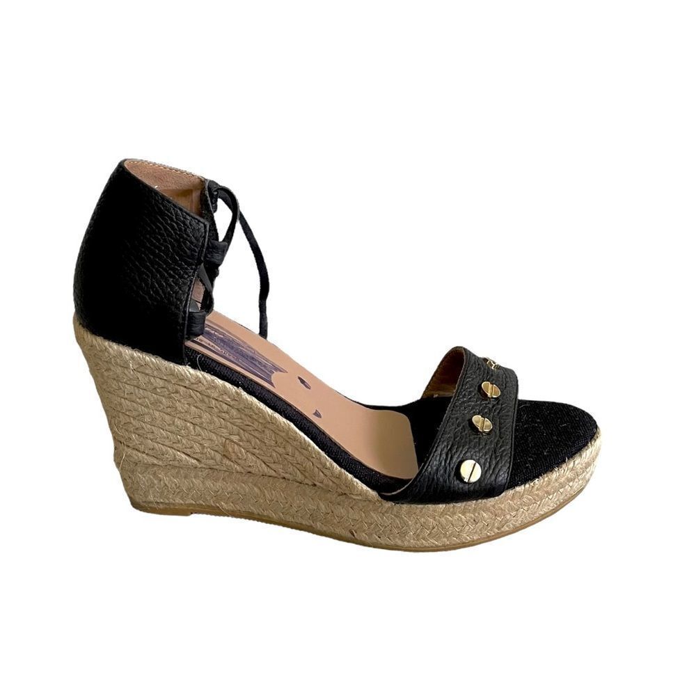 GAIMO Spain Black Leather Wedge Espadrilles Sandals Gold Studs Ankle Straps 40